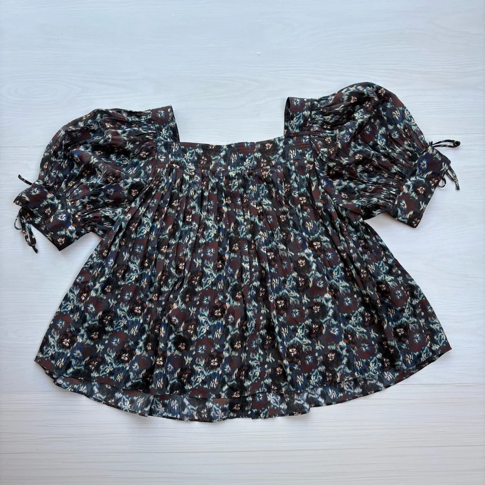 ULLA JOHNSON Lorraine Cobalt Pleated Blouse Floral Silk Top Puff Sleeves Size 6